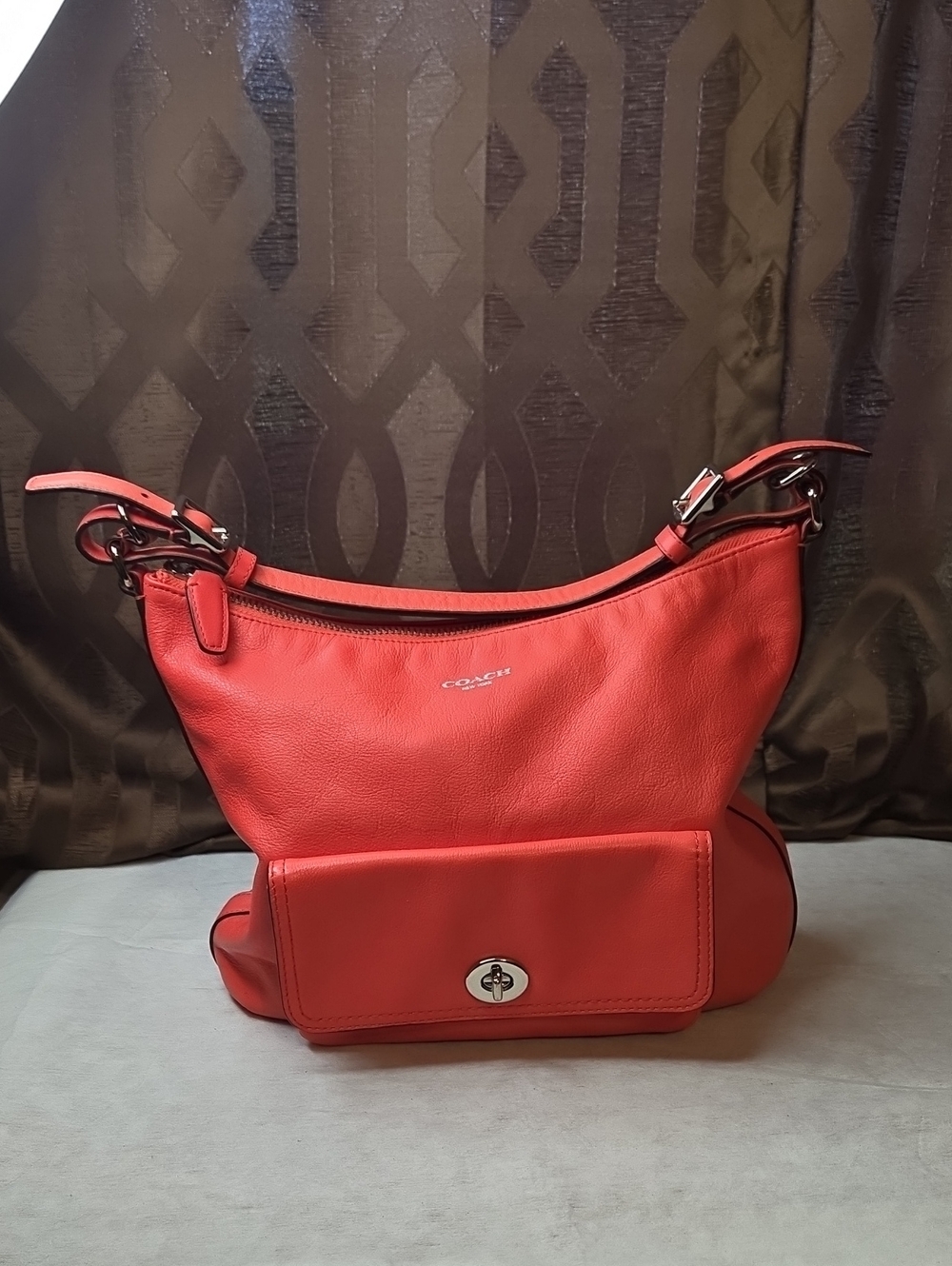 Coach Leather Shoulder Bag with Front Turnlock Pocket-Coral Color 2012